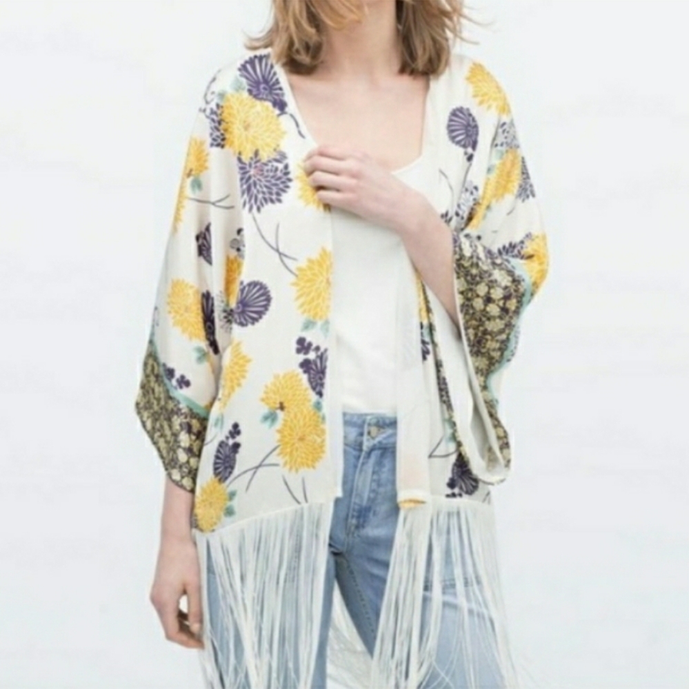 Zara white yellow navy floral fringe kimono